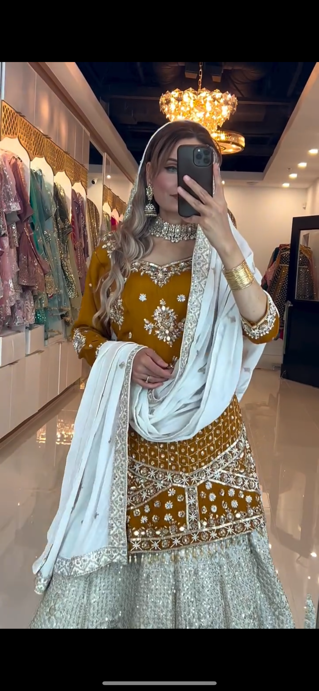 Mustard Mirror-Work Lehenga Set with Ivory Dupatta