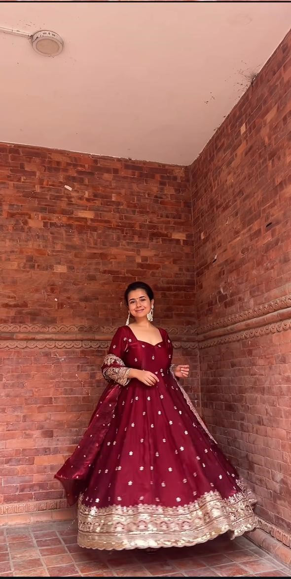 Maroon Anarkali Gown with Dupatta – Festive & Bridal Look