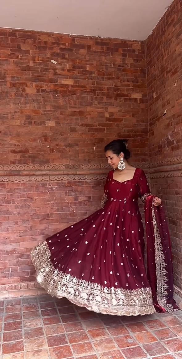 Maroon Anarkali Gown with Dupatta – Festive & Bridal Look