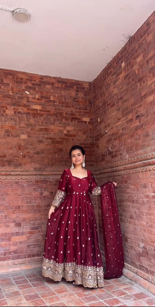 Maroon Anarkali Gown with Dupatta – Festive & Bridal Look