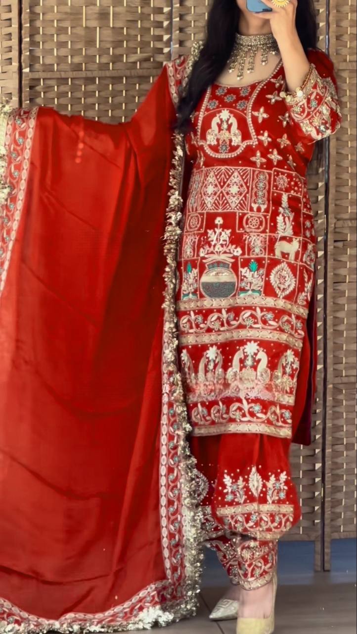 Designer Heavy Embroidered Dhoti Salwar Set – Maroon Mirror-Work Look