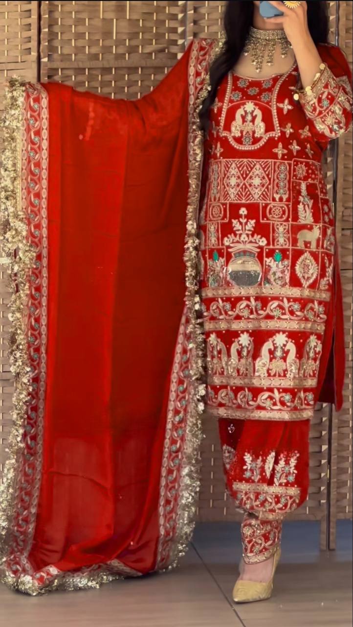 Designer Heavy Embroidered Dhoti Salwar Set – Maroon Mirror-Work Look
