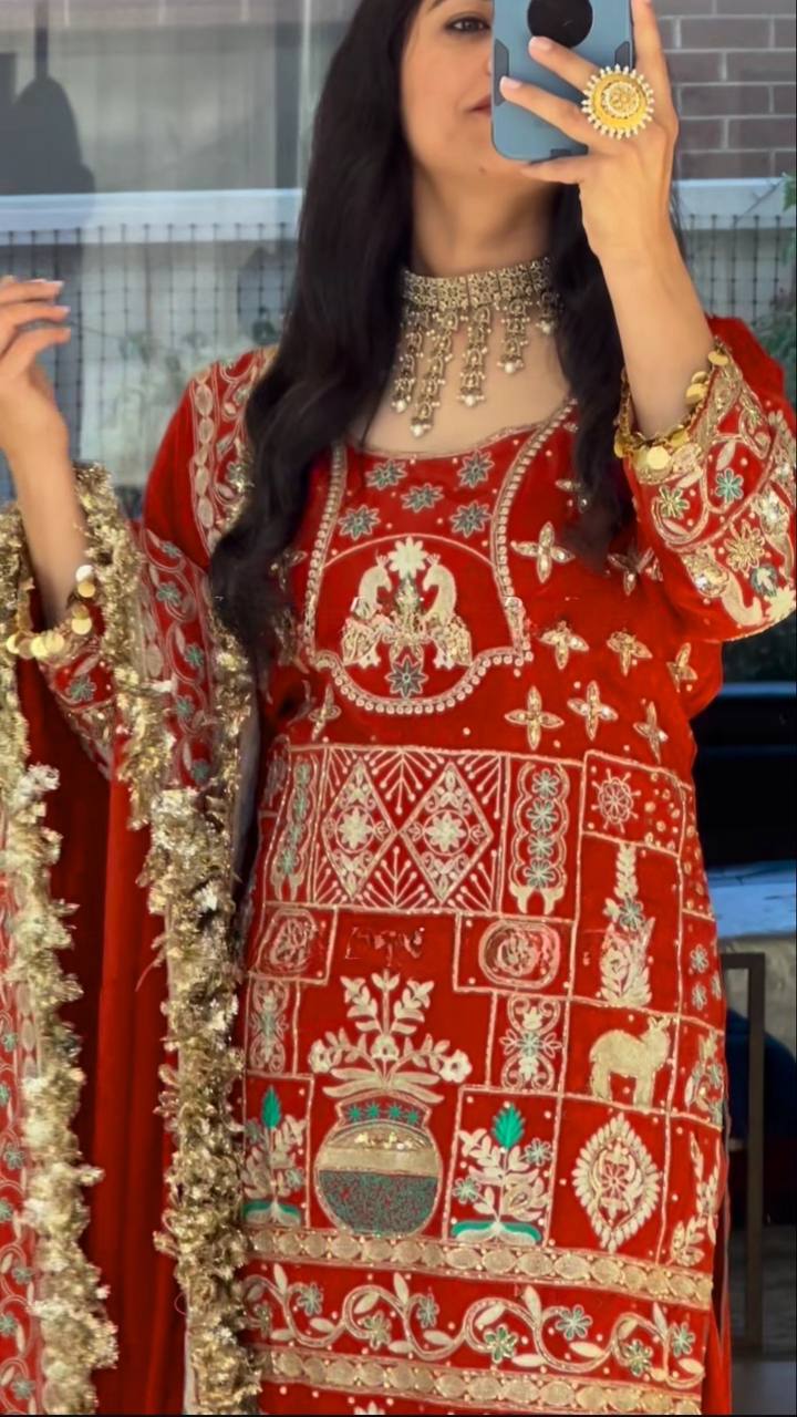 Designer Heavy Embroidered Dhoti Salwar Set – Maroon Mirror-Work Look