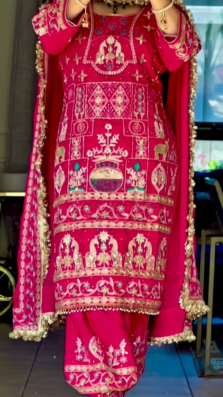 Designer Heavy Embroidered Dhoti Salwar Set – Maroon Mirror-Work Look
