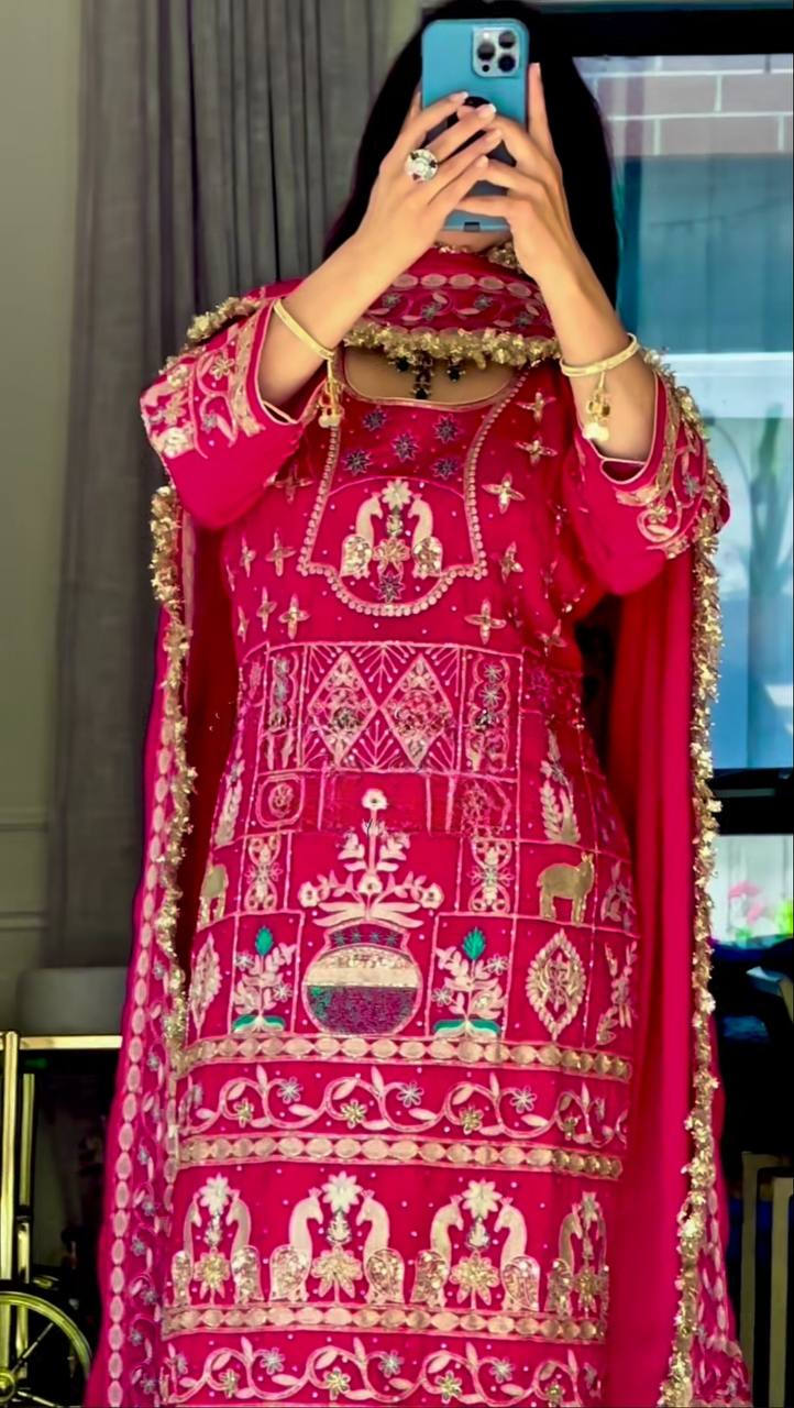 Designer Heavy Embroidered Dhoti Salwar Set – Maroon Mirror-Work Look