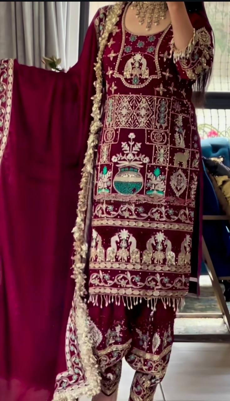 Designer Heavy Embroidered Dhoti Salwar Set – Maroon Mirror-Work Look