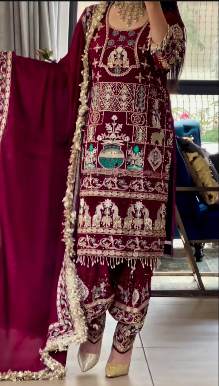 Designer Heavy Embroidered Dhoti Salwar Set – Maroon Mirror-Work Look
