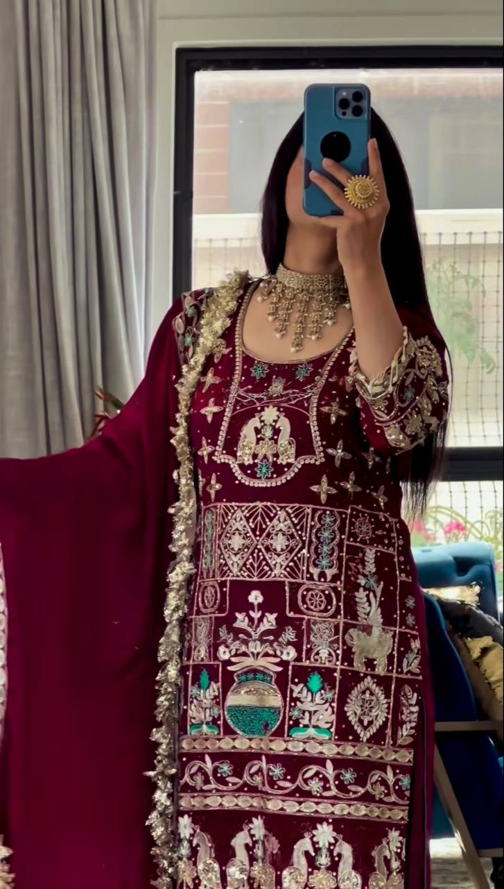 Designer Heavy Embroidered Dhoti Salwar Set – Maroon Mirror-Work Look