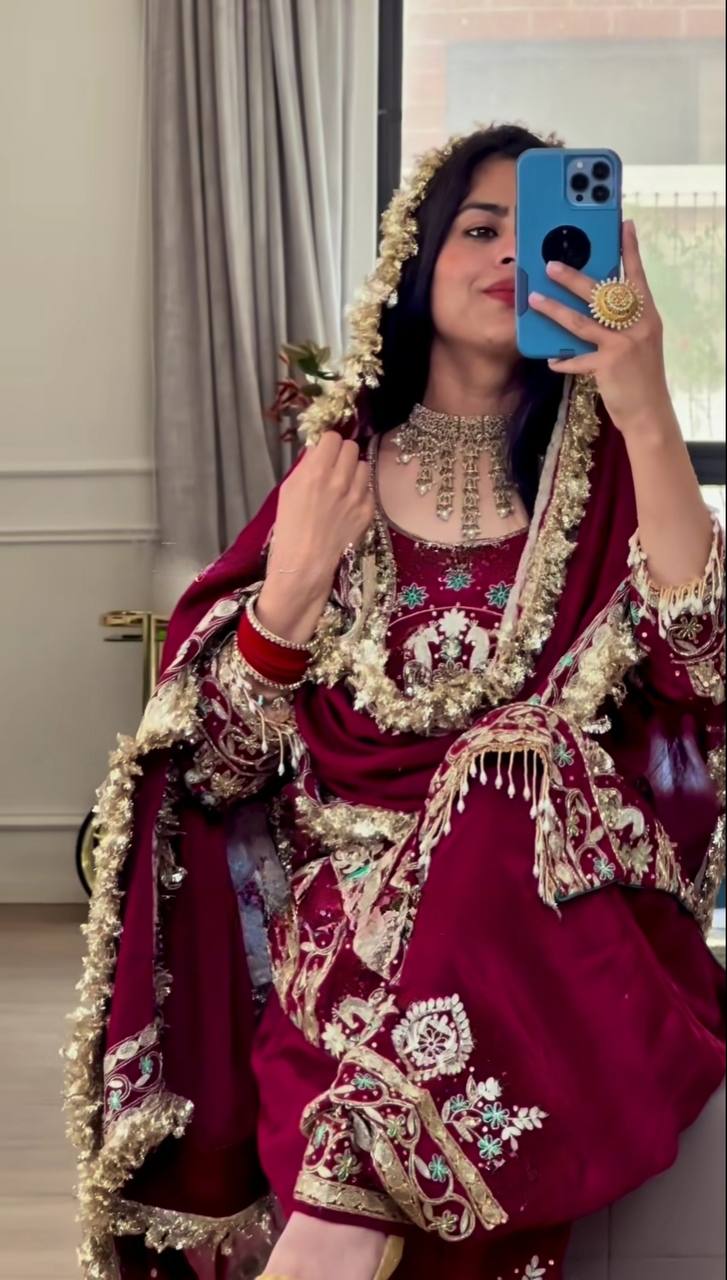 Designer Heavy Embroidered Dhoti Salwar Set – Maroon Mirror-Work Look